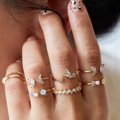 7PCS/Set Fashion Rhinestone Ring Set Jewelry Geometric Round Waves Open Finger Ring Set Gift For Women Girl Retro Finger Rings