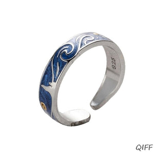 S925 Silver Plated Van Gogh Starry Sky Open Lover Rings Band Romantic Jewelry