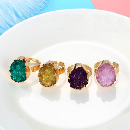 Vintage Natural Druzy Ring for Women Bohemian Colorful Irregular Stone Rings Open Adjustable Jewelry Accessories Gifts