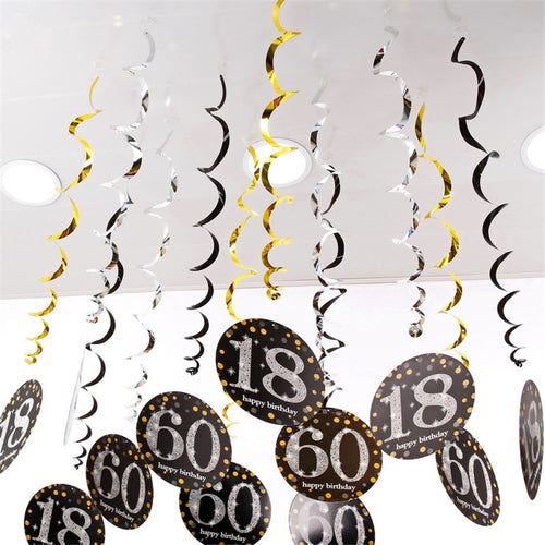 6pcs PVC Spiral Happy Birthday Swirl 18 21 30 40 50 60 70 Years Old Hanging Ornaments Birthday Party Decorations Birthday Decor