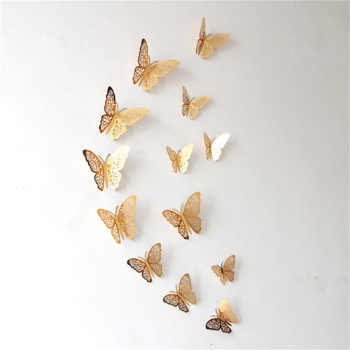 12pcs/Set 3D Hollow Butterfly Wall Sticker DIY 3Sizes Silver Gold for Party Wedding Decoration Butterflies Stickers Decor